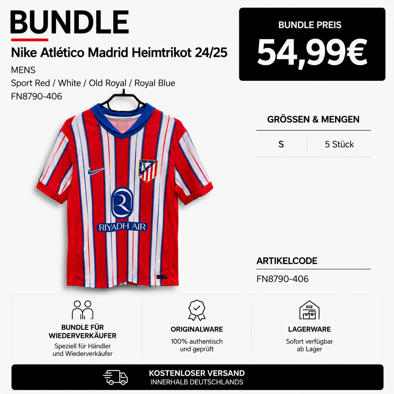 5x Nike Atlético de Madrid 2024/25 Stadium Home Jersey FN8790-406